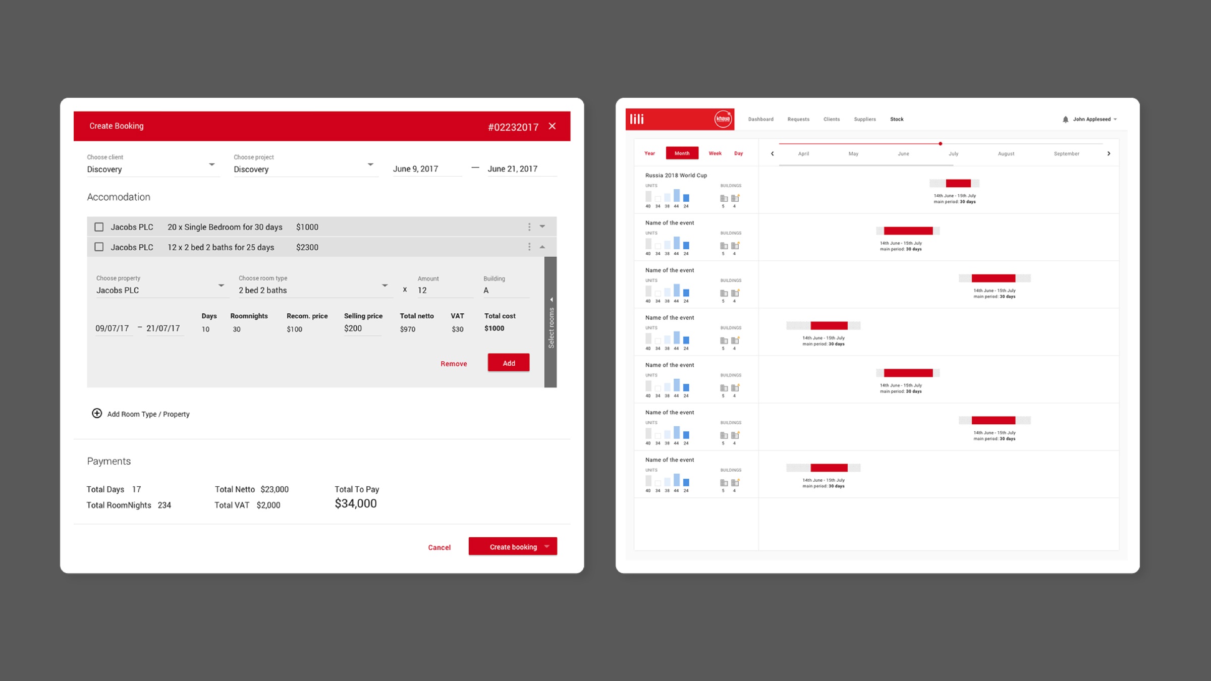 Create Booking form and Events view